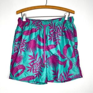 Ike By Ike Behar Tropical Leaf Swim Trunks Men’s Medium Teal/Raspberry